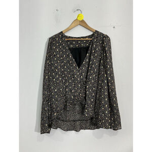 Womans Lulus XL Black Multicolor Lined Criss Cross Balloon Sleeves Blouse